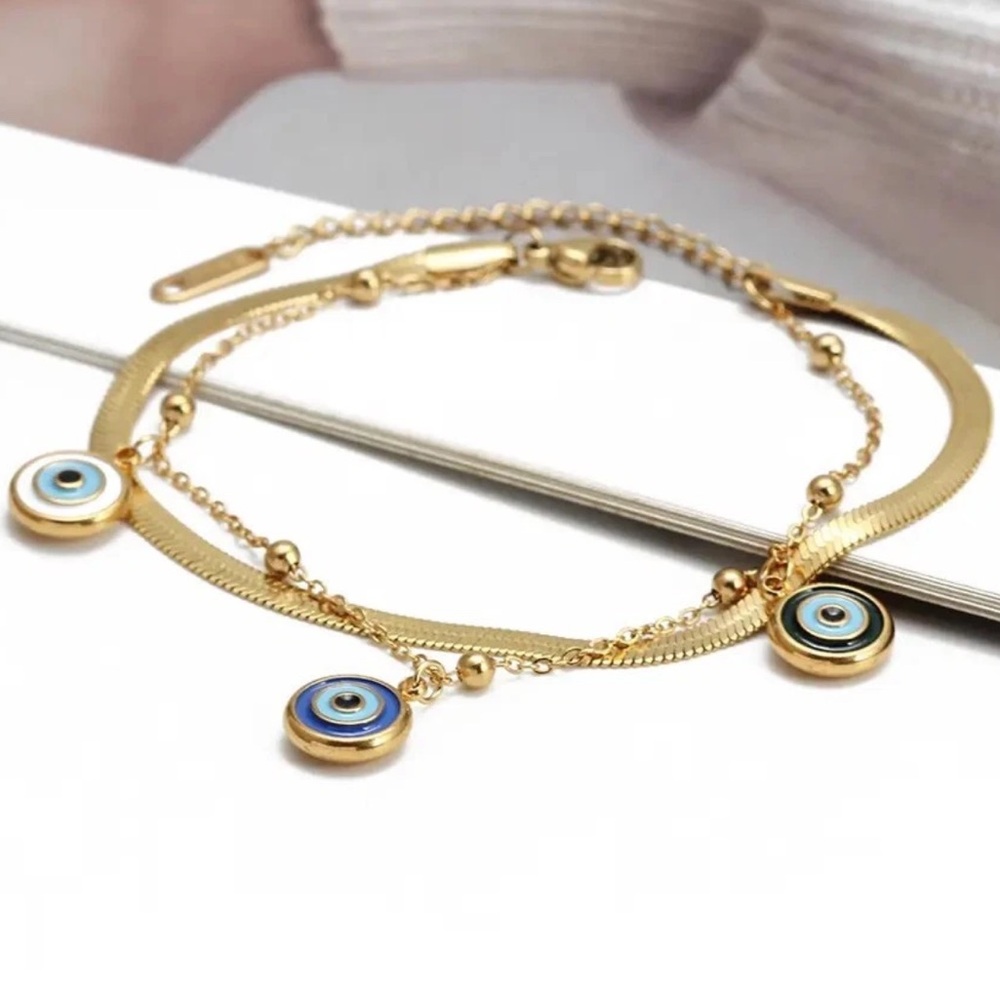 Gold Tone Evil Eye Charm Bracelet Blue Nazar Adjustable Chain Women’s Jewelry